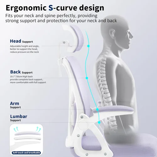 Miniatura 5 de Silla de Oficina, Silla de Escritorio Ergonómica con Soporte Lumbar Ajustable, Silla de Oficina Púrpura de 400 Libras Silla de Computadora de Malla