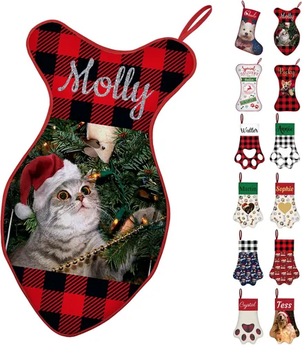 Miniatura 8 de Calcetines de Navidad personalizados con foto de nombre, medias personalizadas en forma de hueso para perros, gatos, mascotas, medias de Navidad