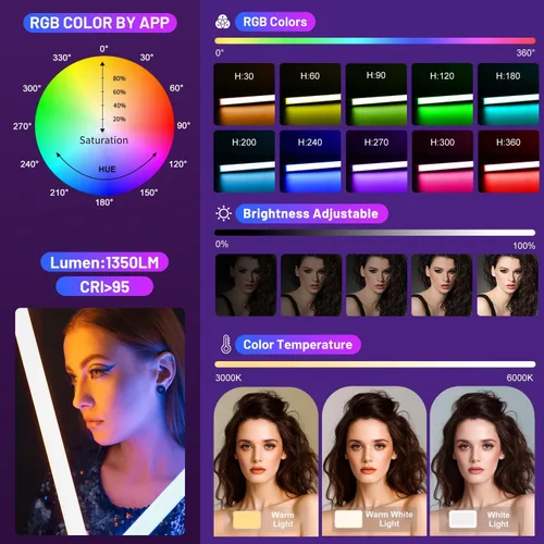 Miniatura 3 de P120 RGB luz de fotografía portátil, control de aplicación 1350 lúmenes LED video luz varita 360 ° a todo color 12 modos de iluminación CRI≥95 IP68