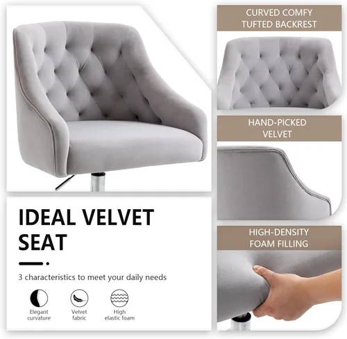 Miniatura 5 de Silla de Oficina para el Hogar, Silla Giratoria de Terciopelo Ajustable de Acento/Tocador con Brazos y Ribete de Tachuelas para Dormitorio