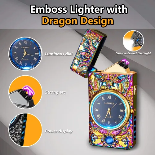 Miniatura 2 de Reloj Eléctrico Genial con Encendedor de Plasma de Doble Arco, Resistente al Viento, Recargable por USB con Indicación de Batería para Fuego, Dragón
