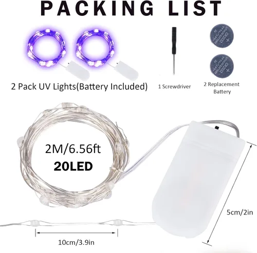 Miniatura 7 de Luces LED negras UV a pilas, paquete de 2 luces LED de 6.56 pies, 20 luces LED UV, accesorios de luz negra flexibles, luces de hadas moradas
