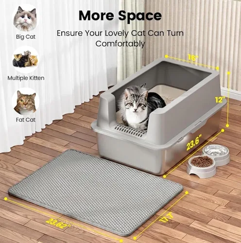 Miniatura 5 de Caja de arena de acero inoxidable para gatos - Caja de arena XL de metal cerrada con tapa para gatos grandes, de lados altos, anti-fugas, fácil