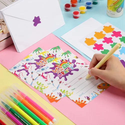 Miniatura 4 de Pajean Juego de 24 invitaciones de fiesta de pintura artística con sobres, tarjetas de cumpleaños coloridas, letras de invitación temáticas