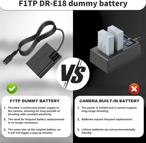 Miniatura 6 de para Canon R50 Batería ficticia ACK-E18 Adaptador de corriente alterna, LP-E17 Batería simulada DR-E18 Acoplador DC para Canon EOS Rebel R100 RP R8