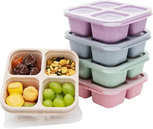Miniatura 11 de Paquete de 4 Cajas de Almuerzo Bento, Contenedores de Aperitivos de 4 Compartimentos, Caja de Aperitivos Bento Dividida, Contenedores de Preparación