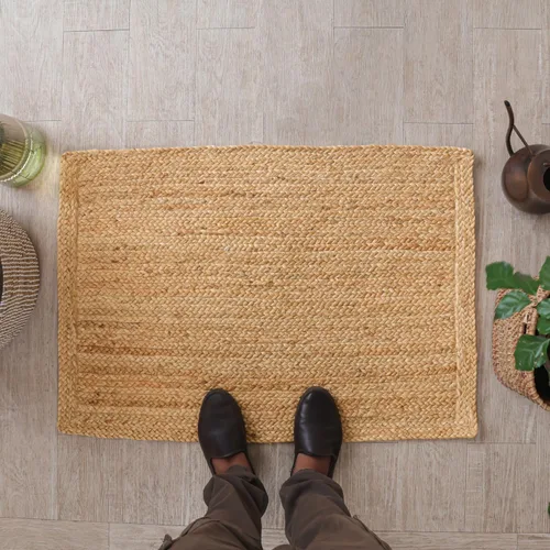 HOMEMONDE Alfombra de yute natural tejida a mano de 2'x3' - Alfombra de piso rústica vintage trenzada reversible estilo granja para interiores -