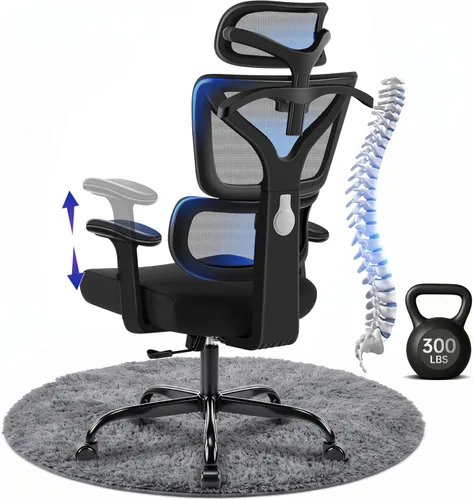 Silla de oficina ergonómica, silla de computadora de malla con respaldo alto con cómodo soporte lumbar adaptativo, colgador de abrigo integrado,