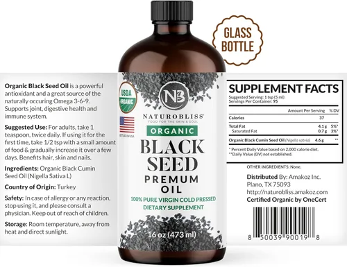 Miniatura 5 de NaturoBliss Aceite orgánico de semillas negras 100 virgen prensado en frío en botella de vidrio Omega 3 6 9 súper antioxidante apoyo inmunológico