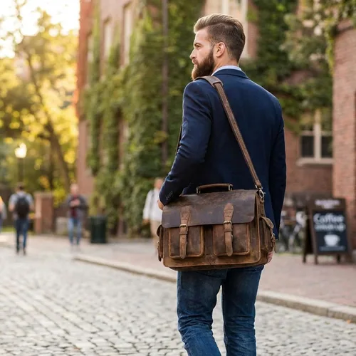 Miniatura 2 de cuero Bolso de mensajero retro marrón para computadora portátil, maletín de oficina, bolsa de viaje cruzada para hombres y mujeres, bolsa de oficina