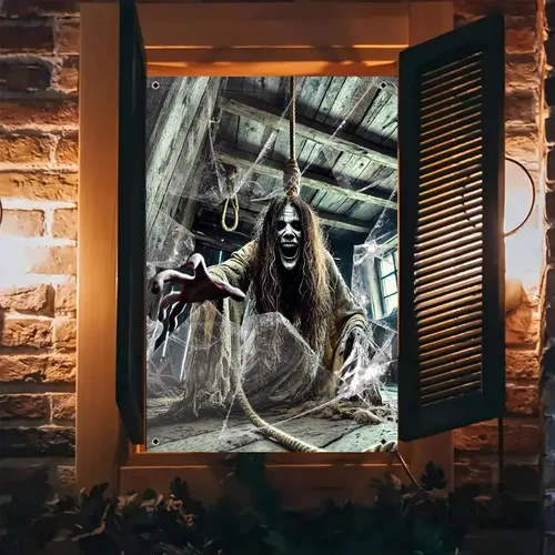 Miniatura 2 de BlissYard Pancarta para ventana de Halloween de 31 x 47 pulgadas, diseño de casa embrujada, fantasma, ventana, espíritu espeluznante, decoración
