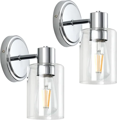 Miniatura 9 de Apliques de Pared de Baño de 2 Luces con Cristal Transparente, Luces de Pared de Baño Sobre Espejo, Luces de Tocador Cromadas con Base E26