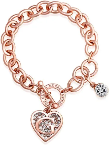 GUESS Pulsera de cadena de eslabones redondos en tono oro rosa con dijes de corazón y logotipo