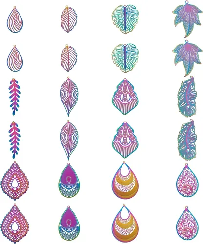 Beadthoven - Dije de filigrana de acero inoxidable con dije de filigrana, colgantes, hojas de plumas, mariposas, gotas de té color arco iris,