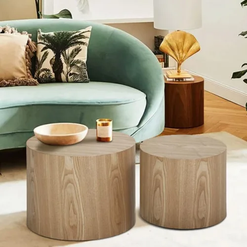 Miniatura 4 de Juego de 2 mesas auxiliares redondas, mesa auxiliar anidable y mesa auxiliar de madera con tambor circular pequeño para sala de estar, oficina, sin