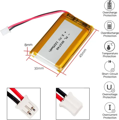 Miniatura 4 de YDL 3.7V 1225mAh 802748 Lipo batería recargable de iones de polímero de litio con conector PH2.0.000 in JST