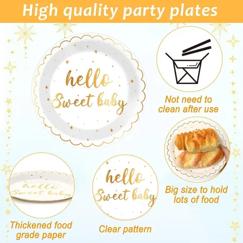 Miniatura 3 de ZOIIWA 96 piezas de platos y servilletas para fiesta "Hello Sweet Baby" - Decoraciones de baby shower blancas y doradas, juego de vajilla desechable