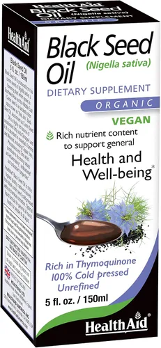 HealthAid Aceite de semilla negra – Orgánico, prensado en frío Nigella Sativa – Estandarizado 150 mg de timoquinona – Apoya la función inmunológica,