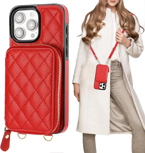 Miniatura 10 de Bocasal Funda tipo cartera cruzada para iPhone 15 Pro Max, con bloqueo RFID, de piel sintética, con cremallera, funda tipo cartera con función atril