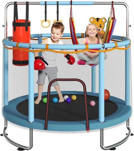 Trampoline for Kids, Upgrade Full Anti-Rust 440lbsToddler Trampoline with Net,Upgraded Ring Legs with Adjustable Gymnastics Bar&Toys, Gifts for Ages