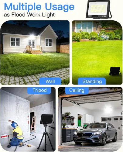 Miniatura 8 de Luz de inundación LED de 120 W para exteriores con enchufe, luces de seguridad superbrillantes de 14400 lm con cable de 5 pies, luz de trabajo LED