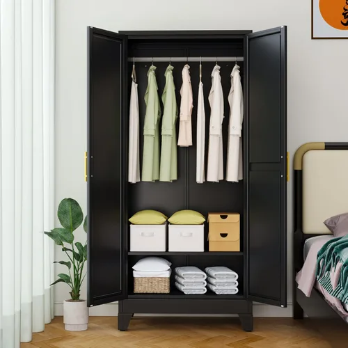 Miniatura 6 de Ckzbx Armario Ropero de Metal de 71" de Alto con Espejo, Estantes Ajustables, Barra para Secar Ropa, Gabinete Ropero de Acero para Dormitorio (Negro)
