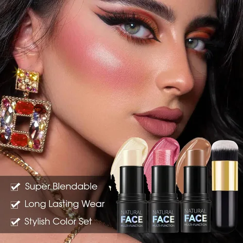 Miniatura 2 de Kit de contorno en crema de 3 piezas, rubor crema, iluminador, bronceador de contorno para mejillas, impermeable, de larga duración, mezclable, trío