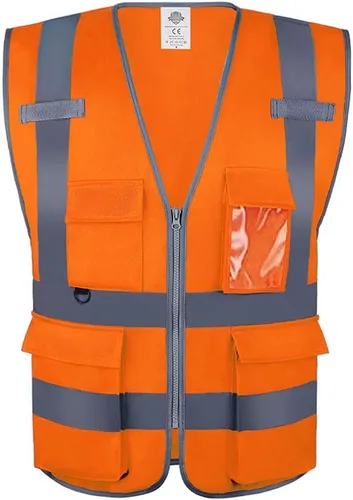 Miniatura 8 de Dazonity Chaleco de seguridad de alta visibilidad con múltiples bolsillos y cremallera, M, tiras reflectantes, apto para hombres y mujeres, trabajo
