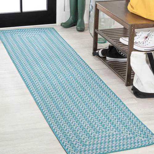 JONATHAN Y Concentric Squares - Alfombra de pasillo para interiores y exteriores, 2 x 8 pies, color aguamarina/gris claro, cheurón, moderna para