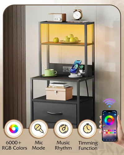 Miniatura 4 de WLIVE - Mesita de noche alta con estación de carga, mesita de noche LED con 3 cajones de tela y estantes abiertos de almacenamiento, mesa de noche