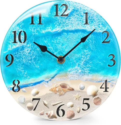 Miniatura 8 de Reloj de pared de cristal náutico costero con diseño de concha marina y tema estético de playa, funciona con pilas, decoración de pared silenciosa