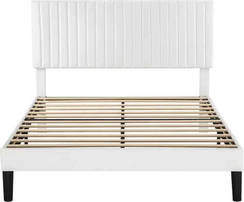 Miniatura 9 de Allewie Base de cama tamaño matrimonial, cama de plataforma tapizada de terciopelo con cabecera capitoné de canal vertical ajustable, base de Blanco