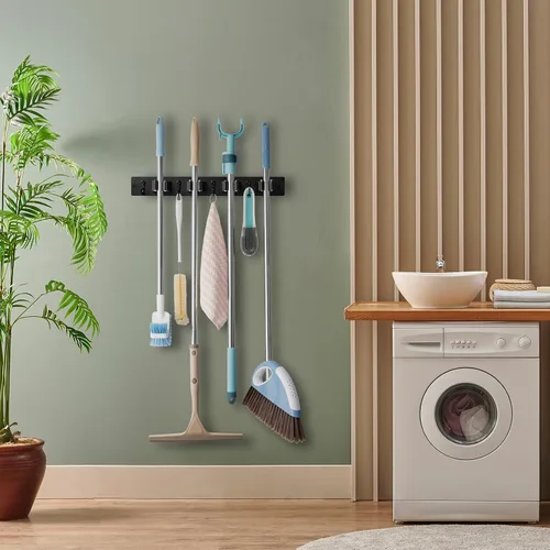 Miniatura 5 de OUTNILI Soporte de Pared Negro para Escoba y Trapeador con 4 Ranuras y 4 Ganchos - Colgador de Escoba y Trapeador de Madera Rústica para Despensa