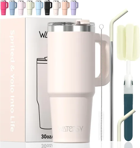 Miniatura 29 de Vaso de 20 oz con asa, vaso con tapa y pajita, vaso de doble pared con aislamiento de acero inoxidable para viajes (frío durante 34 horas), botella