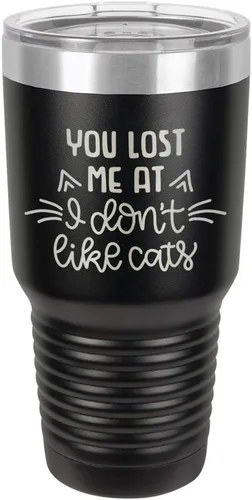 Miniatura 19 de Taza de viaje de acero inoxidable grabada con pajita y tapa superior deslizante, con texto en inglés "You LOST ME AT I DON'T LIKE CATS" Púrpura claro