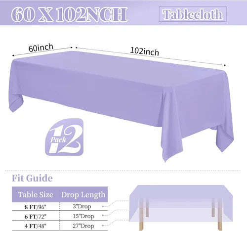 Miniatura 2 de fani Paquete de 12 manteles rectangulares de poliéster lavanda de 60 x 102 pulgadas para mesas rectangulares de 6 pies, mantel de tela lavable