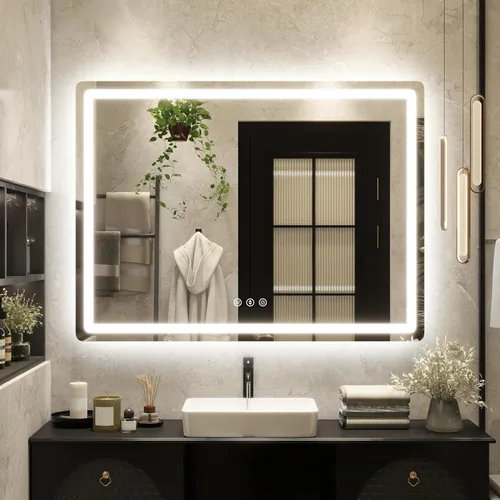 Miniatura 25 de 48x24 Inch LED Bathroom Mirror with Lights, Anti-Fog 3-Color Dimmable Memory Touch Control, Waterproof HD Tempered Glass, Wall Mounted Vanity Mirror