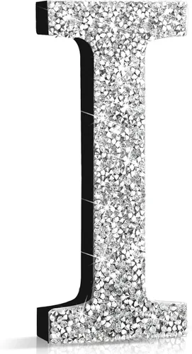 Miniatura 26 de Qunclay Letras brillantes de cristal plateado de 5.7 pulgadas, decoración de diamantes triturados, letra de madera con purpurina con tornillo