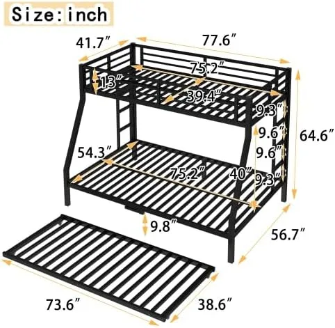 Miniatura 2 de Litera de metal con cama nido, marco de litera individual sobre matrimonial con 2 escaleras laterales y patas más gruesas, color negro