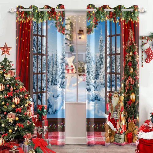 Miniatura 8 de AWERT Cortinas de Navidad con Bolas Vibrantes para Sala de Estar, Cortinas Opacas de Navidad Juego de 2 Paneles, Ojales de Acero Inoxidable Plateado