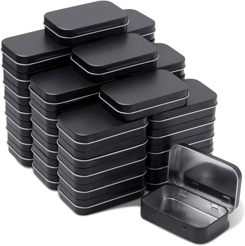 Tamicy Latas rectangulares de metal con bisagras, paquete de 40 mini cajas portátiles de color negro mate, latas pequeñas de almacenamiento vacías