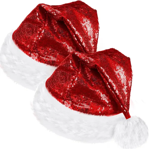 Miniatura 14 de SATINIOR 2 piezas de sombrero de Papá Noel de lentejuelas para adultos, unisex, gorro de Navidad con forro y ala de felpa para mujeres y hombres