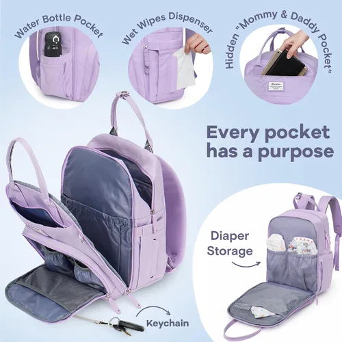 Miniatura 3 de RUVALINO Mochila para Pañales, Paquete de Viaje Multifunción Bolsas de Cambio para Maternidad y Bebé, Gran Capacidad, Impermeable, Morado Taro