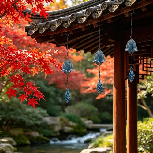 Miniatura 6 de Campanillas de viento de hojas japonesas, pequeño colgante de campana de viento para colgar en el exterior, de hierro fundido, adorno para bendecir
