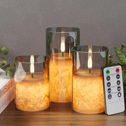 Miniatura 9 de VIODAIM Velas de cera real de cristal de hielo sin llama con control remoto y temporizador, velas operadas por baterías con llama parpadeante Dorado