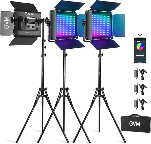 GVM - Kit de luz LED RGB para video, iluminación de fotografía regulable con control de aplicación, 680RS 50W, 3 paquetes de luz LED para YouTube