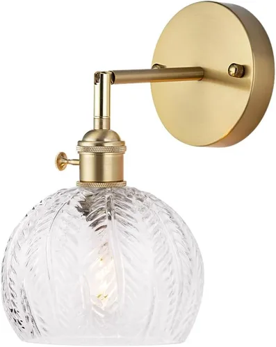 Cerdeco Aplique de pared vintage con pantalla de vidrio transparente con hojas, brazo ajustable a 180° y base dorada, iluminación moderna de pared