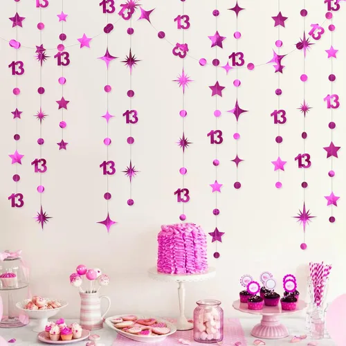 Miniatura 14 de Decoraciones Negras de Cumpleaños Número 13 Círculo Punto Estrella Centelleante Guirnalda Serpentina Colgante Metálica Banderín Banner Telón de Negro