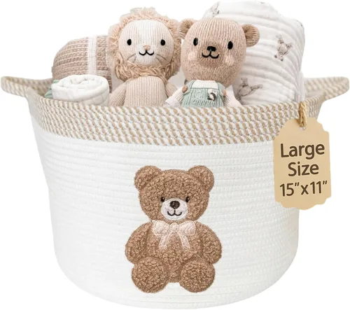 Miniatura 8 de Cesta de almacenamiento de conejo para guardería, cubo grande de cuerda de algodón de 15 x 11 pulgadas con parche bordado suave de conejo