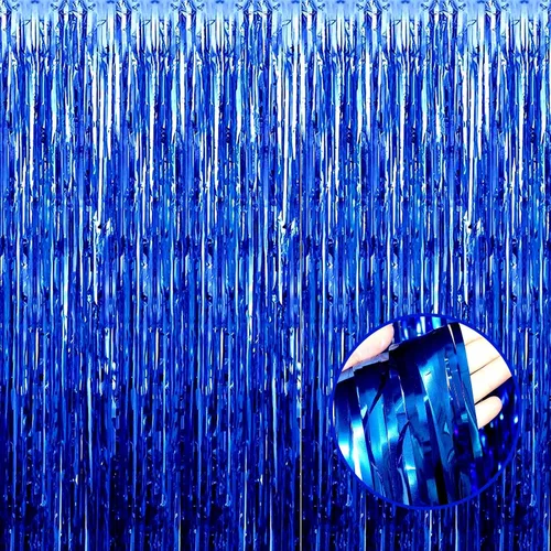 Paquete de 4 Cortinas de Flecos de Papel Aluminio Azul de Fondo, 3.28 Pies x 8.2 Pies Serpentinas Metálicas de Oropel para Fiestas en el Mar,